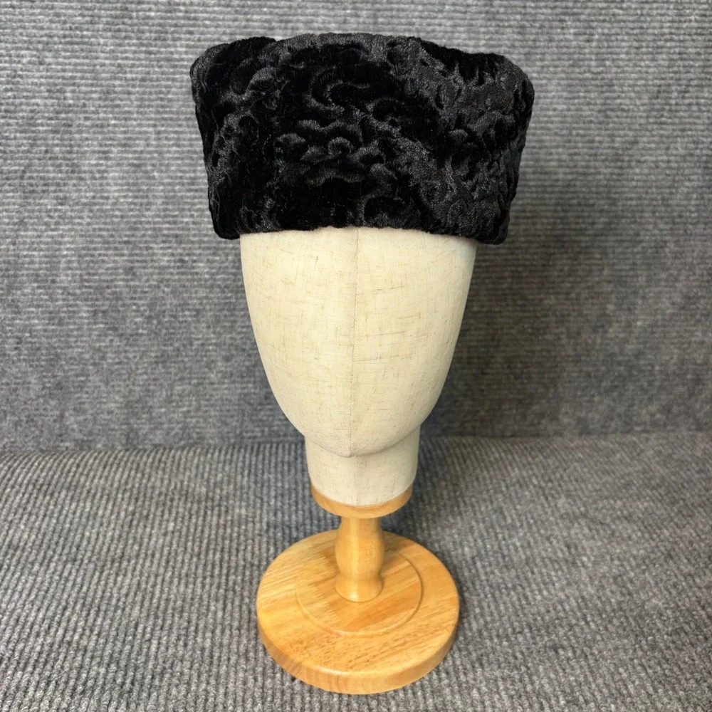 Vintage Black Crushed Velvet Pillbox Hat Floral Embossed Formal Cocktail Church